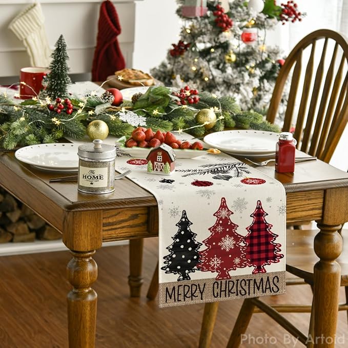 Artoid Mode Red Pine Trees Merry Christmas Table Runner, Winter Xmas Holiday Kitchen Dining Table Decoration for Home Party Decor 13x72 Inch ArtoidMode