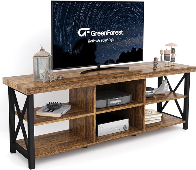 GreenForest TV Stand for TV up to 65 inches, Entertainment Center with 6 Storage Cabinet for Living Room, 55 inch Farmhouse Television Stands Console Table, TV stands for Living Room, Walnut - LeafyLoom