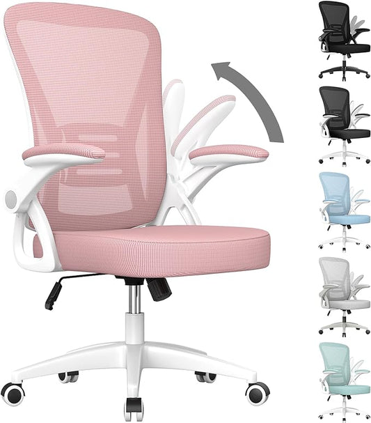 naspaluro Ergonomic Office Chair, Mid Back Desk Chair with Adjustable Height, Swivel Chair with Flip-Up Arms and Lumbar Support, Breathable Mesh Computer Chair for Home/Study/Working, Pink - LeafyLoom