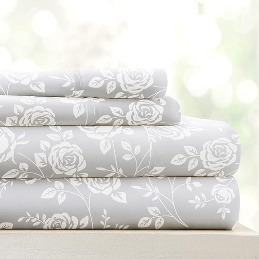 Linen Market 4 Piece King Bedding Sheet Set (Light Gray Roses) - Sleep Better Than Ever with These Ultra-Soft & Cooling Bed Sheets for Your King Size Bed - Deep Pocket Fits 16" Mattress - LeafyLoom