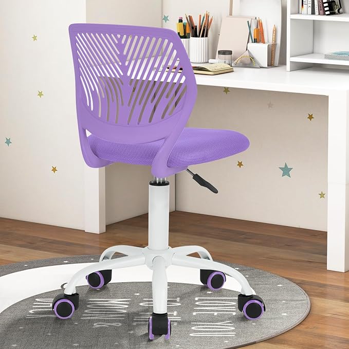 FurnitureR Desk Chair Small Study Chairs Armless for Child Kids Teens, Swivel Rolling Lightweight Mid Back Task Chair with Wheels and Mesh Padded Cushion, Purple - LeafyLoom