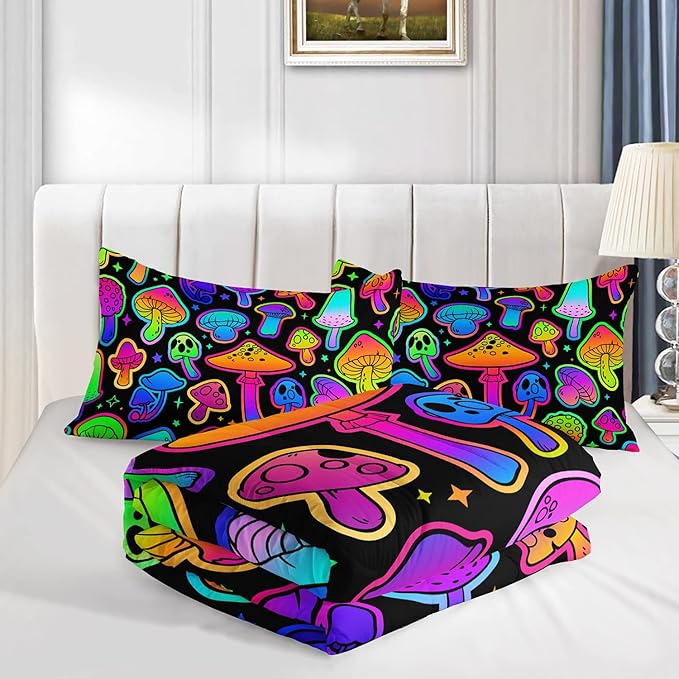 Mushroom Comforter Set Kids Bedding Set Full,3Pcs Colorful Soft Black Gradient Mushroom Quilt Set Bed in A Bag with 1 Comforter 2 Pillowcases for Kids Boys Girls Teens Adults Room Decor All Season - LeafyLoom