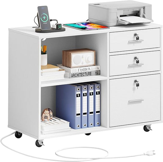 DWVO 3 Drawer File Cabinet with Charging Station, Mobile Filing Cabinet with Lock, White - LeafyLoom