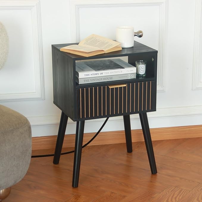 Black Nightstand with Charging Station, Mid Century Modern Bedside Table with Open Shelf and Storage Drawer, End Table with Solid Wood Legs, Black - LeafyLoom