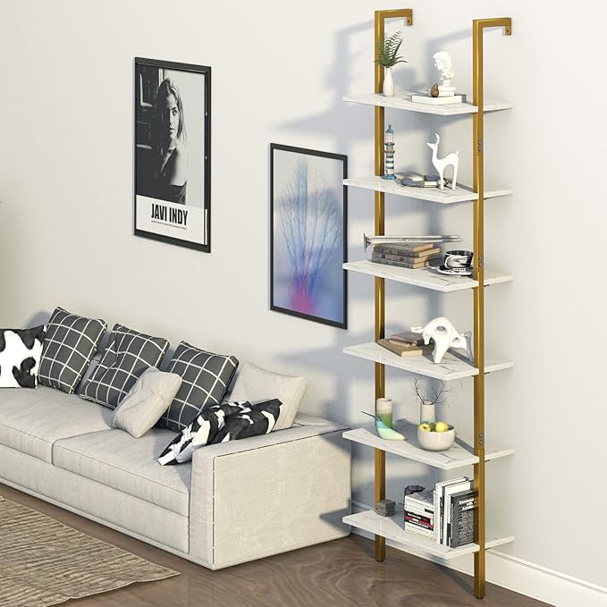 Ladder Shelf 6 Tiers Marble White Modern Bookshelf Open Tall Wall Mount Bookcase Standing Leaning Wall Shelves Industrial Decorative Living Room Bed Room - LeafyLoom