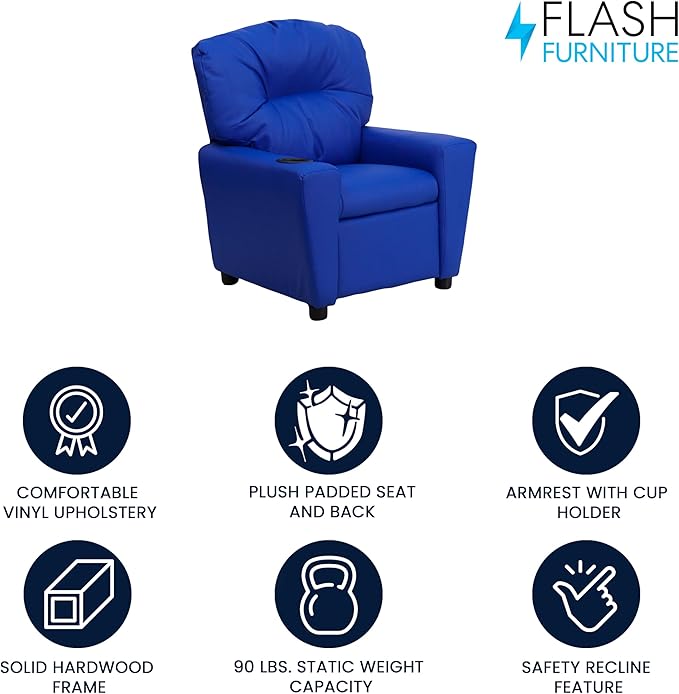 Flash Furniture Chandler Vinyl Kids Recliner with Cup Holder and Safety Recline, Contemporary Reclining Chair for Kids, Supports up to 90 lbs., Blue - LeafyLoom