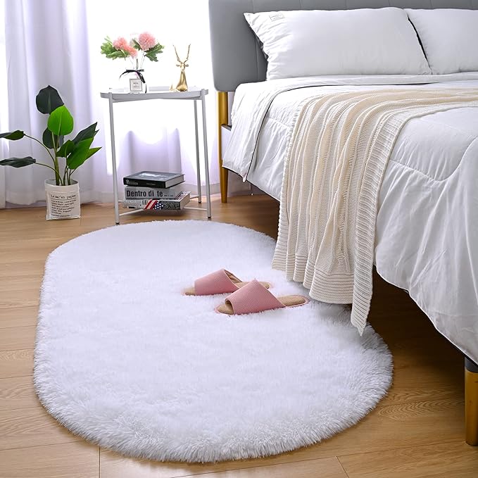 Merelax Soft Shaggy Rug for Kids Bedroom, Oval 2.6'x5.3' White Plush Fluffy Carpets for Living Room, Furry Carpet for Teen Girls Room, Anti-skid Fuzzy Comfy Rug for Nursery Decor Cute Baby Play Mat - LeafyLoom