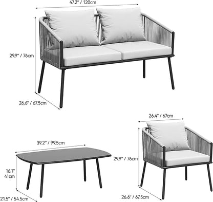 YITAHOME 4-Piece Patio Furniture Outdoor Bistro Set, All Weather Double Gray Rope Conversation Loveseat for Backyard, Balcony, Deck with Soft Cushions and Metal Table (Gray) - LeafyLoom