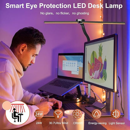 Led Desk Lamp for Office Home - Bright Double Head Desk Light with Clamp,Architect Task Lamp Gooseneck Smart Light: 24W 5 Color Flexible Adjustable Lighting Table Lamp for Study Drafting - LeafyLoom