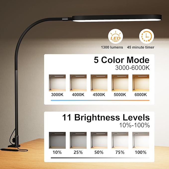 SKYLEO Desk Lamp - Desk Light for 33.5" Tall - Flexible Gooseneck - 5 Color Modes X 11 Brightness Levels - 1300LM - Timmer & Memory Function - 12W Clip on Light - Black - LeafyLoom