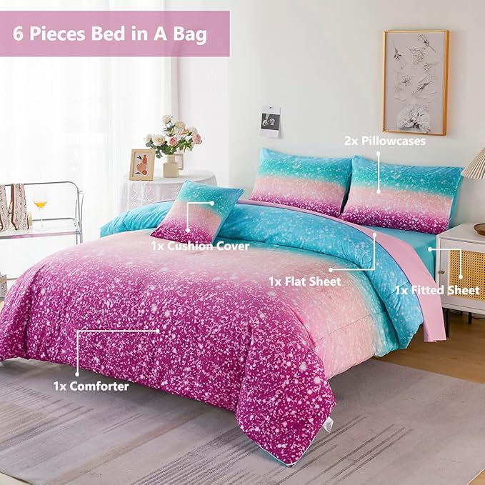 PERFEMET Queen Comforter Set with Sheets, 6 Pieces Tie Dye Rainbow Girls Bedding Set, Gradient Glitter Colorful Ombre Bed in A Bag (Aqua Teal Purple, Queen) - LeafyLoom