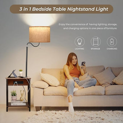 FIMEI Floor Lamp with Table, End Table with Charging Station USB Ports & Outlets, Bedside Table 3 Color Temperature Reading Light, Nightstand with Shelves for Living Room Bedroom Apartment, Red Brown - LeafyLoom