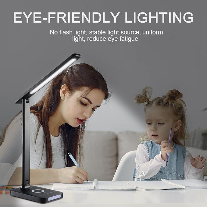 VAVOFO LED Desk Lamp with Fast Charger, USB Charging Port, Desk Light for Home Office with 5 Brightness Levels, Touch Control, 30/60 min Auto Timer, Eye-Caring Dimmable Table Lamp with Adapter - LeafyLoom