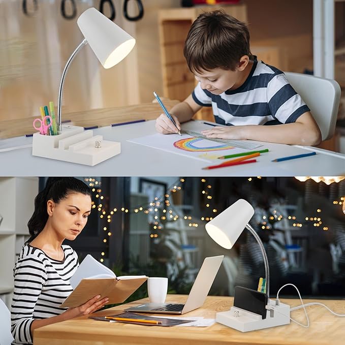 Study Desk Lamp with USB Charging and Type-C Night Light, Gooseneck LED Table Lamp Stepless Dimming Study Table Lamp with Pen Holder for College Dorm Bedroom and Office (White) - LeafyLoom