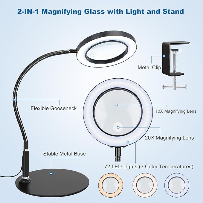 NZQXJXZ 2-in-1 Magnifying Glass with Light and Stand 20X 10X Magnifying Lamp with Large Base & Clamp, 72 LEDs, 3 Color Modes and10 Stepless Dimmable, Desk Magnifier for Hobbies, Reading, Jewelry - LeafyLoom