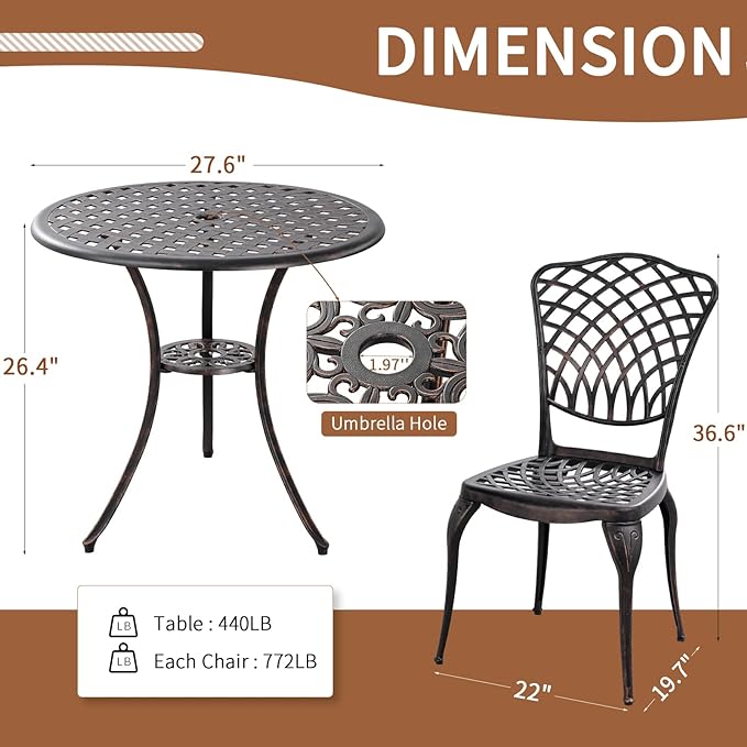 Bronze Patio Bistro Set - 3 Piece Outdoor Cast Aluminum Furniture, Large Table & Chairs, Weather Resistant, Adjustable Foot Pads, Umbrella Hole - LeafyLoom