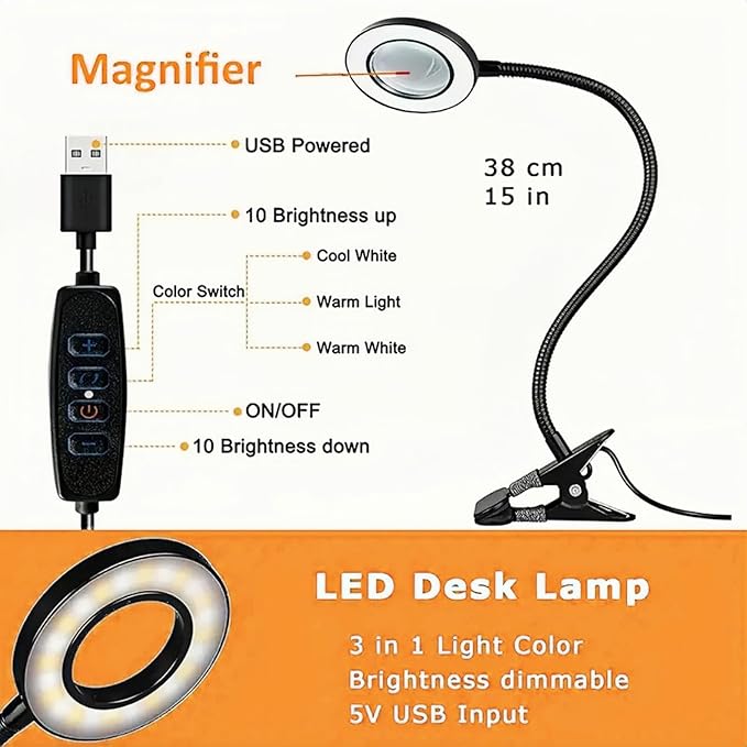 Magnifying Glass with Light 10X, Clip on Desk Lamp,Craft Lamp Adjustable Lighted Magnifying Glass with stand Portable Eye LED Lamp 3 Colors Dimmable for Reading Crafts Workbench (Black) - LeafyLoom