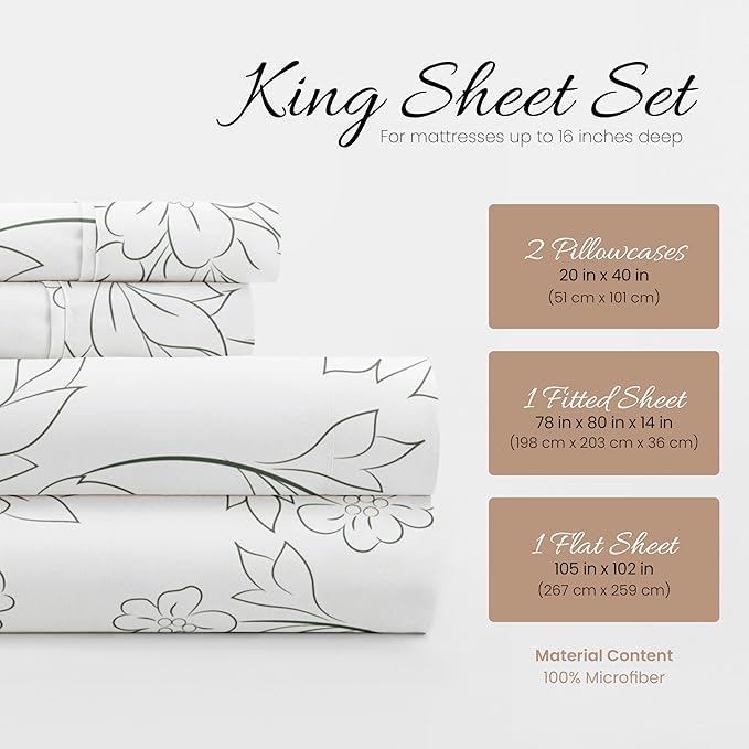 Linen Market 4 Piece King Bedding Sheet Set (Vines Gray) - Sleep Better Than Ever with These Ultra-Soft & Cooling Bed Sheets for Your King Size Bed - Deep Pocket Fits 16" Mattress - LeafyLoom