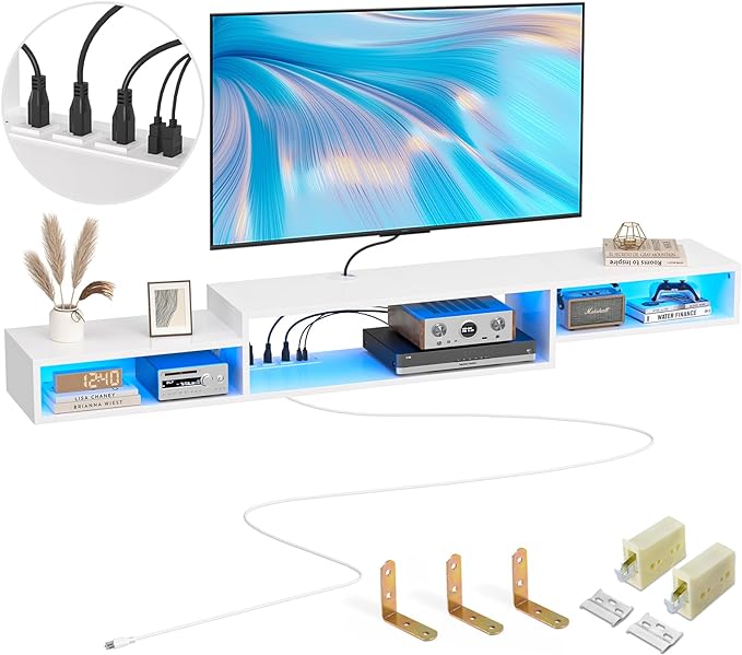 FABATO 71'' Floating TV Stand with LED Light Power Outlet, Floating Shelf for Under TV Wall Mount with Storage Shelf, Media Console Entertainment Center for Living Room, White - LeafyLoom