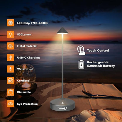 Cordless Table Lamp, Portable LED Desk Lamp 5200mAh Battery Operated, Waterproof Outdoor Lamp with Contact Charging Base, 13.8'' touch lamp for Home/Office/Bars/Coffee Shop Night Light (Grey - LeafyLoom