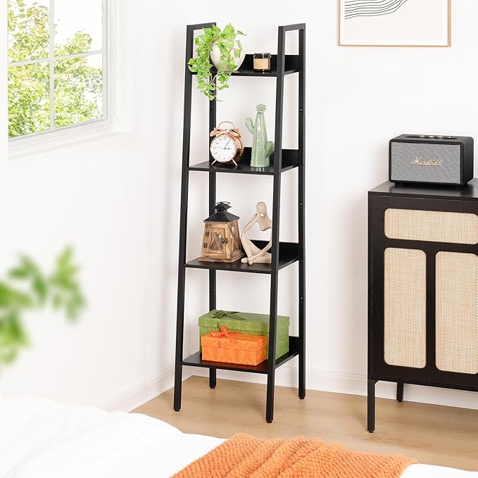 Yoobure Ladder Shelf, 4 Tier Tall Ladder Bookshelf Corner Shelf, Industrial Book Shelf Ladder Bookcase Narrow, Standing Storage Shelves Display Shelf for Bedroom Living Room Office Kitchen Bathroom - LeafyLoom