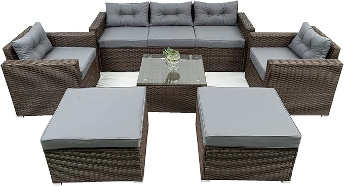 6 Piece Patio Outdoor Furniture Rattan Wicker Conversation Sofa Set with Removeable Cushions and Tempered Glass Table Top for Garden Yark, Lawn, Backyard, Brown - LeafyLoom