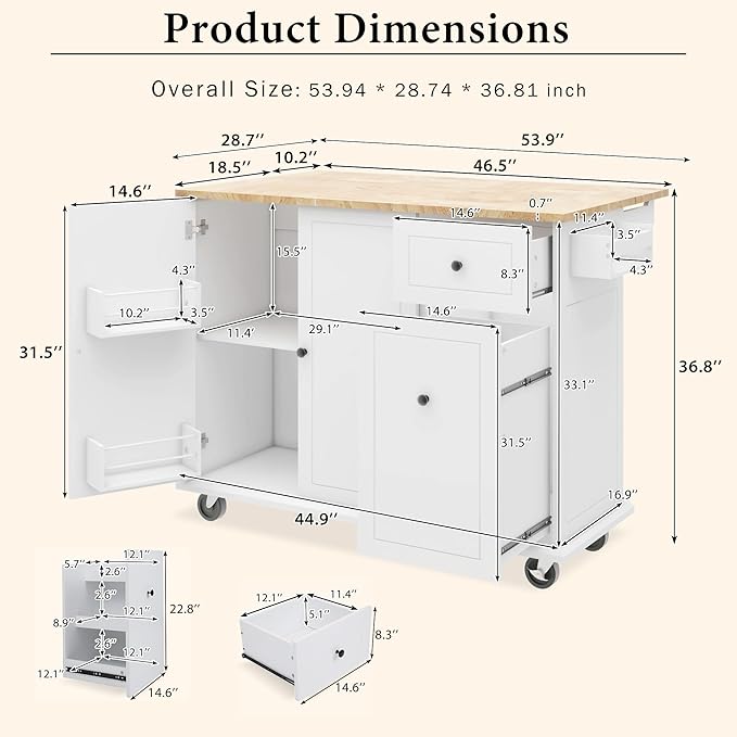 53.9" Drop Leaf, Rolling Island on Wheels w/Drawer and 3-Tier Pull Out Cabinet Organizer, Kitchen Storage Cart with Spice, Towel Rack, White, 53.94 Inch - LeafyLoom