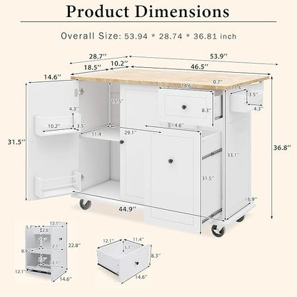 Kitchen Island with Drop Leaf,53.9" W Rolling Mobile Kitchen Cart W/Storage Rack,3 Tier Pull Out Cabinet Organizer,Spice-Rack&Towel-Rack,for Dining Room,Home Bar,White - LeafyLoom