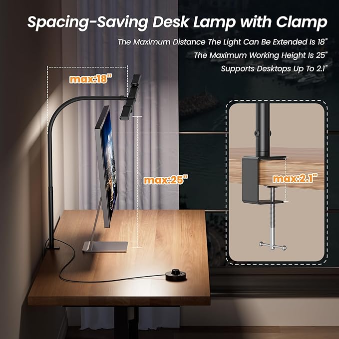 BOHON LED Desk Lamp for Home Office, 24W Architect Task Lamp with Clamp, Desktop Controller, 5 Color Stepless Dimming Table Light, Screen Computer Monitor Gooseneck Lamp for Reading Study Workbench - LeafyLoom