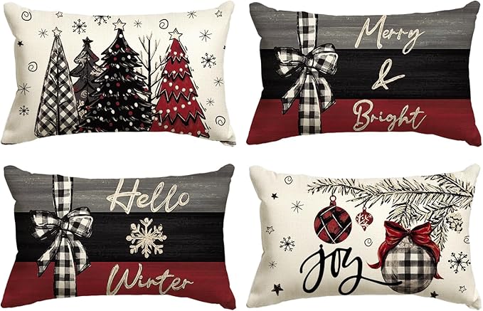 AVOIN colorlife Merry Christmas Joy Xmas Trees Red Throw Pillow Covers, 12 x 20 Inch Christmas Winter Holiday Cushion Case Decoration for Sofa Couch Set of 4 AVOINcolorlife