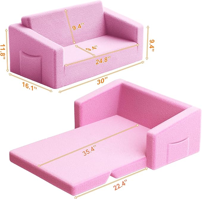 Extra Wide 2 Seater Kids Couch, 2-in-1 Toddler Chairs for Boys & Girls, Kids Sofa with Storage, Comfortable Mini Couch for Kids, Fun Kids Lounge Chair, Toddler Furniture,Children's Gifts(Pink) - LeafyLoom