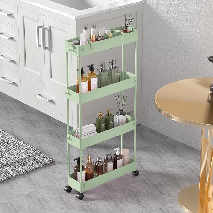 SPACELEAD Slim Storage Cart 4 Tier, Storage Organizer Rolling Utility/Mobile Shelving Unit Slide Out Storage Cart for Office, Bathroom, Kitchen, Laundry Room & Narrow Places， Green - LeafyLoom