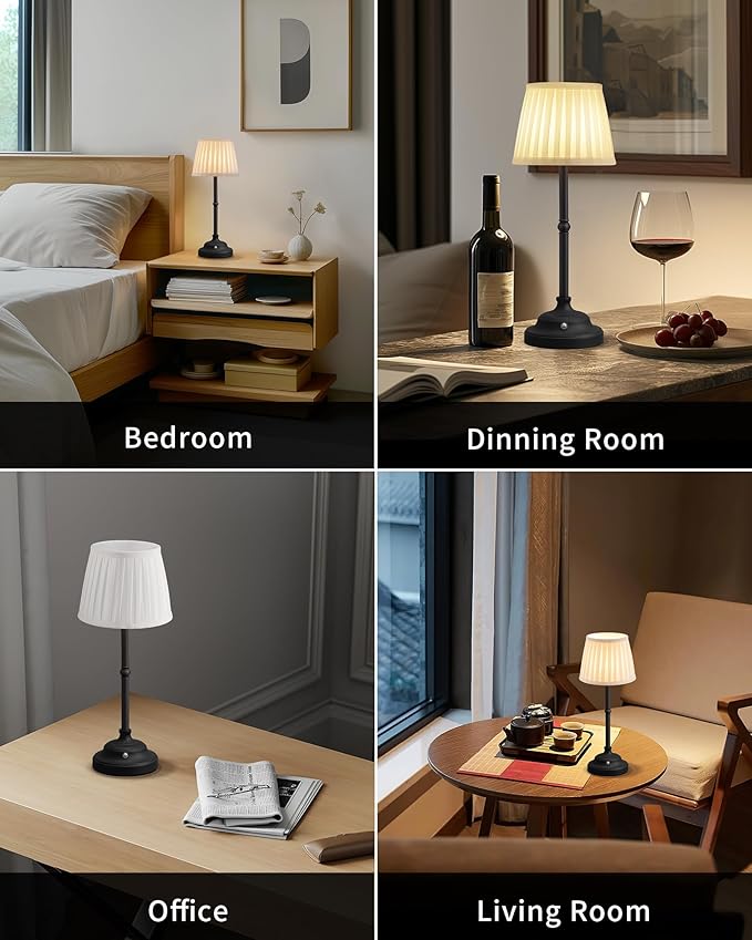 KDG Cordless LED Table Lamp Set of 2, Portables Fabric Shade Desk Lamps, 5000mAh Rechargeable Battery Powered Lighting, Dimmable Light for Dining Room, Bedroom, Bedside, Night Light, Balcony (Black) - LeafyLoom