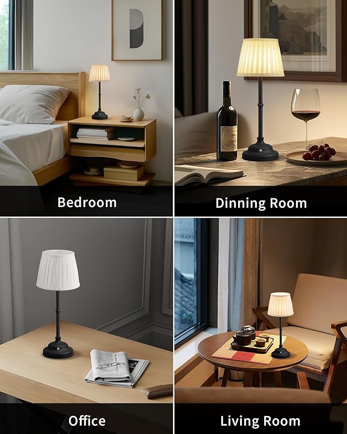 KDG Portables Cordless Table Lamp, Fabric Shade Desk Lamp, 5000mAh Rechargeable Battery Powered Lighting, Dimmable light for Dining Room, Bedroom, Bedside, Bar, Night Light, Camping, Balcony (Black) - LeafyLoom