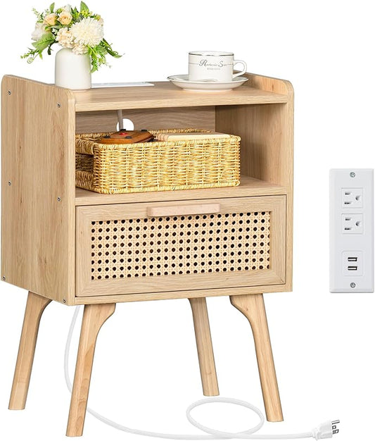 Lerliuo Rattan Nightstand with Charging Station, Boho Side Table with Drawer Open Shelf, Cane Accent Bedside End Table with Solid Wood Legs for Bedroom, Dorm and Small Spaces - LeafyLoom