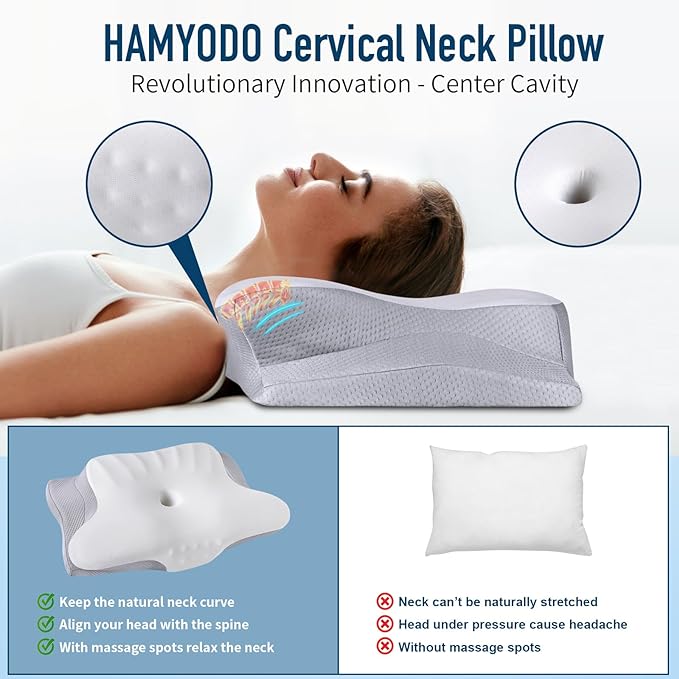 Cervical Neck Pillow Memory Foam Pillows Cooling Pillow for Neck Pain Relief, Ergonomic Orthopedic Neck Support Contour Bed Pillow for Side Back Stomach Sleepers with Washable Ice Silk Pillowcase - LeafyLoom