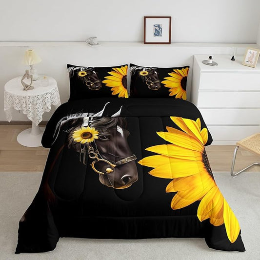 Erosebridal Horse Comforter Set King,Sunflower Horse Bedding Set for Boys Girls Teens Adults,Western Cowboy Farmhouse Down Comforter Farm Animal Quilt Duvet Sets Bedroom Decor 2 Pillow Cases Black - LeafyLoom