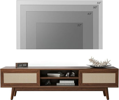 STARY 65''Mid Century Modern TV Stand,Boho Media Console Entertainment Center with Cable Management for Living Room, Walnut - LeafyLoom