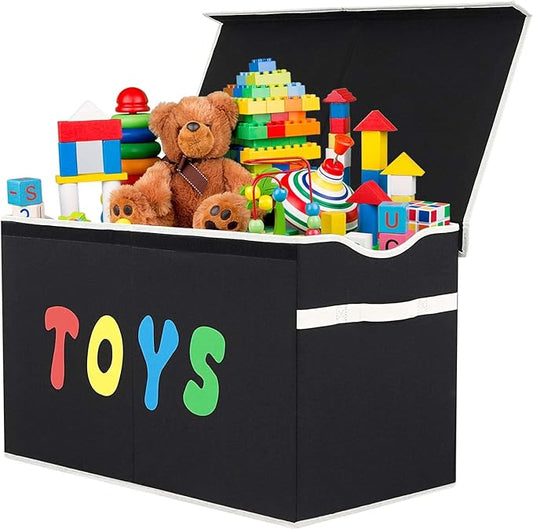 Toy Box Chest, Collapsible Sturdy Storage Bins with Lids, Extra Large Kids Toy Storage Organizer Boxes Bins Baskets for Kids, Boys, Girls, Nursery Room, Playroom, Closet (BLACK) - LeafyLoom