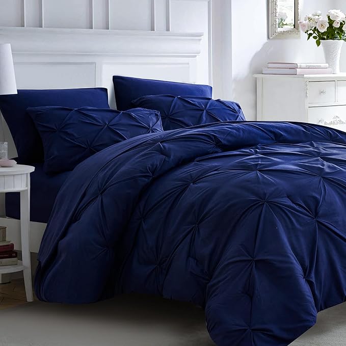 Ubauba 7pc Dark Blue King Comforter Set with Sheets, 7 Piece Pinch Pleating Bed in a Bag Royal Blue Bedding Comforters & Sets, Soft Fluffy Pintuck Bed Set (Navy,King) - LeafyLoom