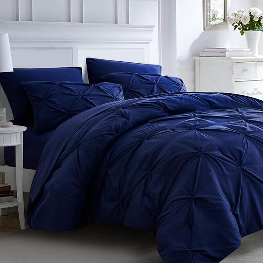 Ubauba 7pc Full Size Bed Comforter Set with Sheets, Dark Blue Pinch Pleating 7 Piece Bed in a Bag, Pintuck Royal Blue Bedding Sets for All Season (Navy,Full) - LeafyLoom