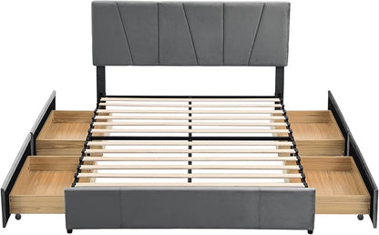 Queen Size Upholstered Platform Bed Frame with 4 Storage Drawers and Adjustable Headboard, Wooden Slats Support, No Box Spring Needed, Gray - LeafyLoom