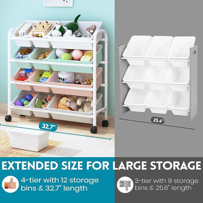 Kids Toy Storage Organizer with 12 Plastic Bins, 4-Tier Metal Toy Storage Rack, Metal Toy Organizer with Storage Bins for Kids Room, Playroom and Nursery, Multi-Color - LeafyLoom