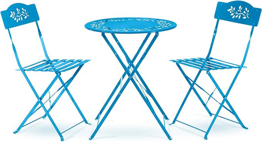 Alpine Corporation Indoor/Outdoor 3-Piece Bistro Set Folding Table and Chairs Patio Seating, Blue - LeafyLoom