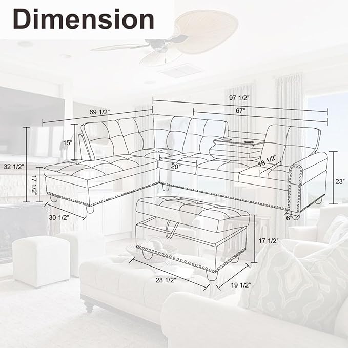 Leather L Shaped Sectional Ottoman Modern Nail-Head Design Comfy Lounge Modular Sofa with Cup Holder & Chaise for Living Room, Bedroom, Office, L Couch White - LeafyLoom