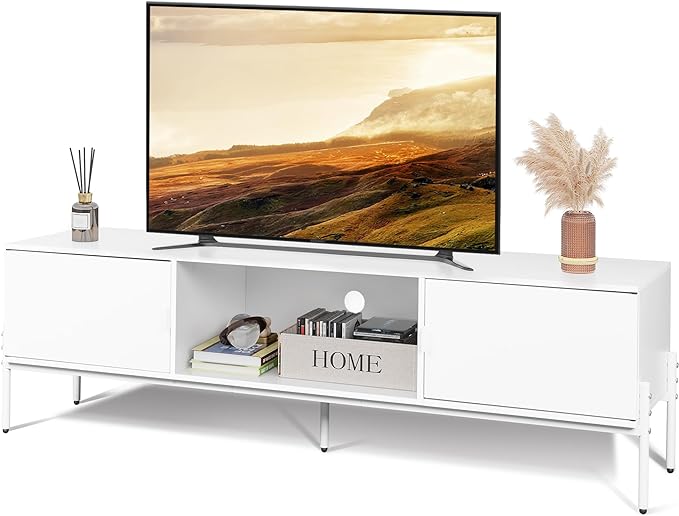 WLIVE Modern TV Stand for 65 Inch TV, Mid Century Entainment Center with Storage, TV Console with Open Shelf and 2 Cabinets for Bedroom and Living Room, TV Cabinet with Metal Legs, White - LeafyLoom