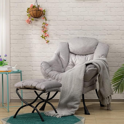 HollyHOME Fabric Lazy Chair with Foldable Ottoman, Accent Comfy Lounge Arm Chair and Folding Footrest Stool Set, Leisure Sofa Reading Chair and Footstool for Living Room, Bedroom, Dorm, Grey - LeafyLoom