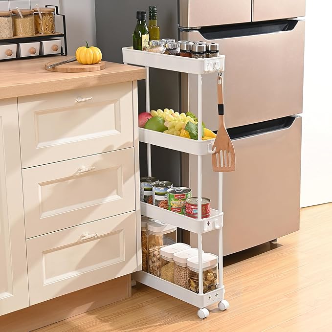 TOOLF Slim Rolling Storage Cart, 4 Tier Bathroom Organizer, Skinny Rolling Utility Cart on Wheels with Hooks, Mobile Shelving Unit Organizer for Kitchen, Bathroom, Laundry, Narrow Places, White - LeafyLoom