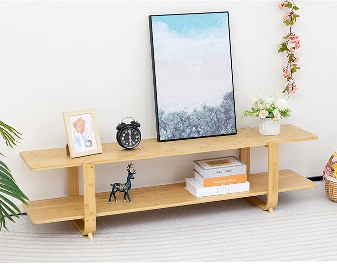 HollyHOME Bamboo TV Stand with Storage for TVs up to 65'', Modern Entertainment Center with 2 Open Shelf, Accent TV Media Console Table for Living Room, Bedroom, 55"(L), Burlywood - LeafyLoom