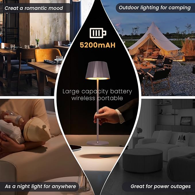 Modern LED Cordless Table Lamp,5200mAh Rechargeable Desk Lamp with Stepless Dimming, Touch Waterproof Night Light for Bedroom Outdoor Bar RV Kitchen (Purplish-Brown, 3000K, Warm White) - LeafyLoom